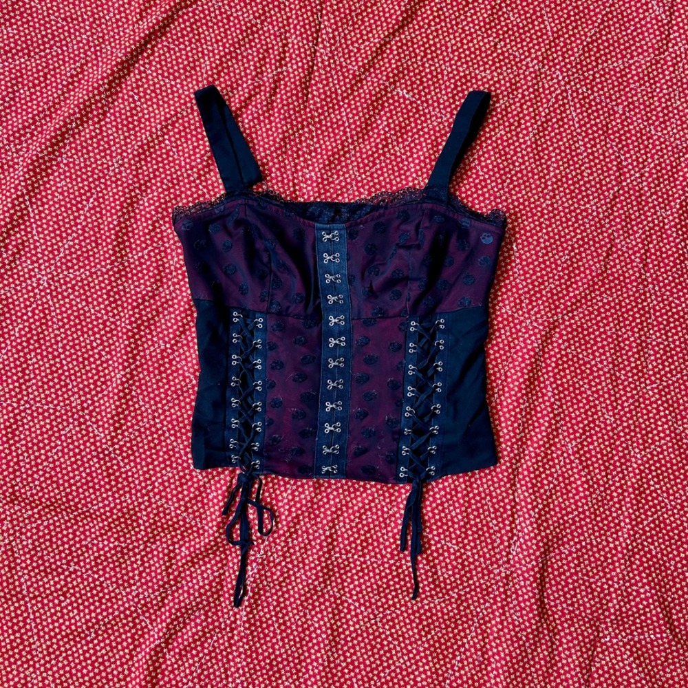 Hot Topic Vintage Corset Top XL Black Burgundy Lace Up Hook Eye Goth Grunge